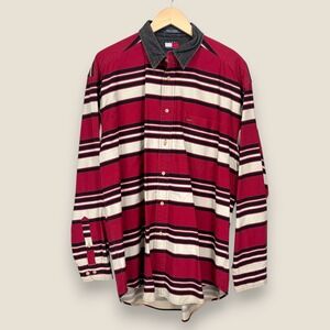 Tommy Hilfiger Long Sleeve Button Shirt Men Large Red White Striped Denim Collar
